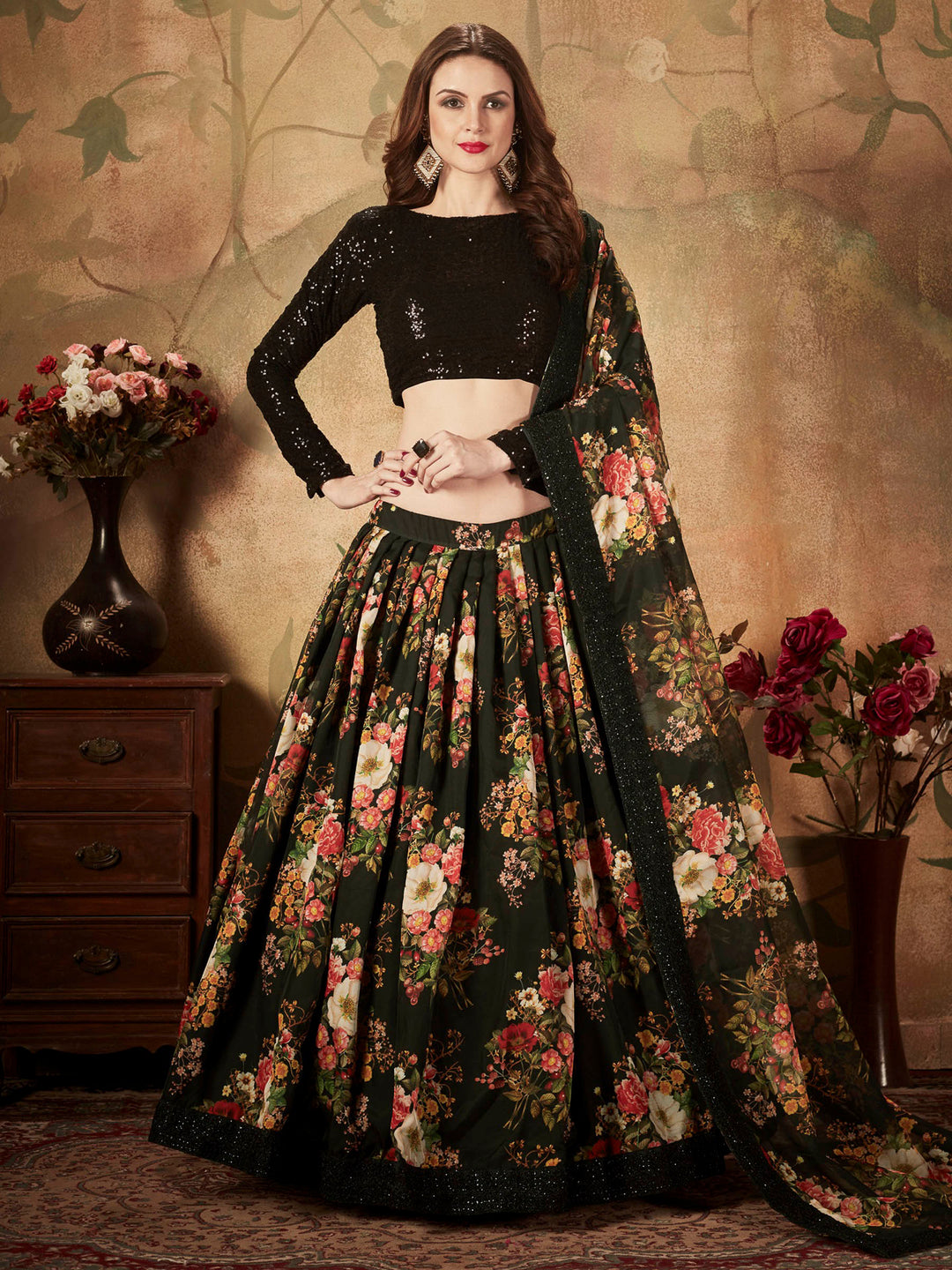 Black Georgette Embroidered Semi Stitched Lehenga Choli with Dupatta