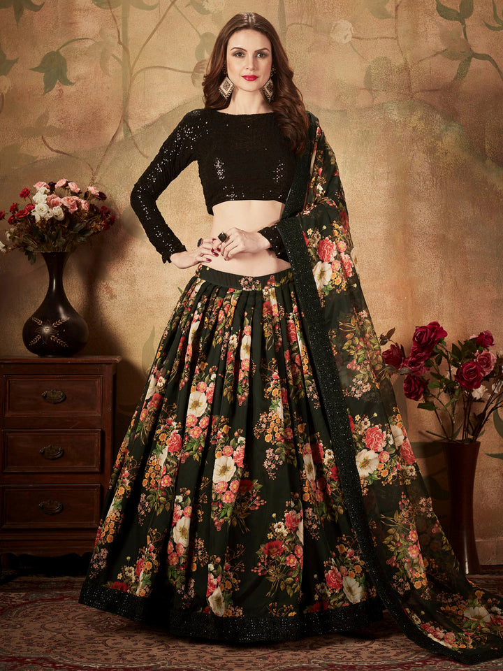 Black Georgette Embroidered Semi Stitched Lehenga Choli with Dupatta