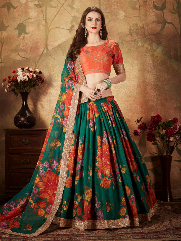 Peach-Green Art Silk Embroidered Semi Stitched Lehenga Choli with Dupatta