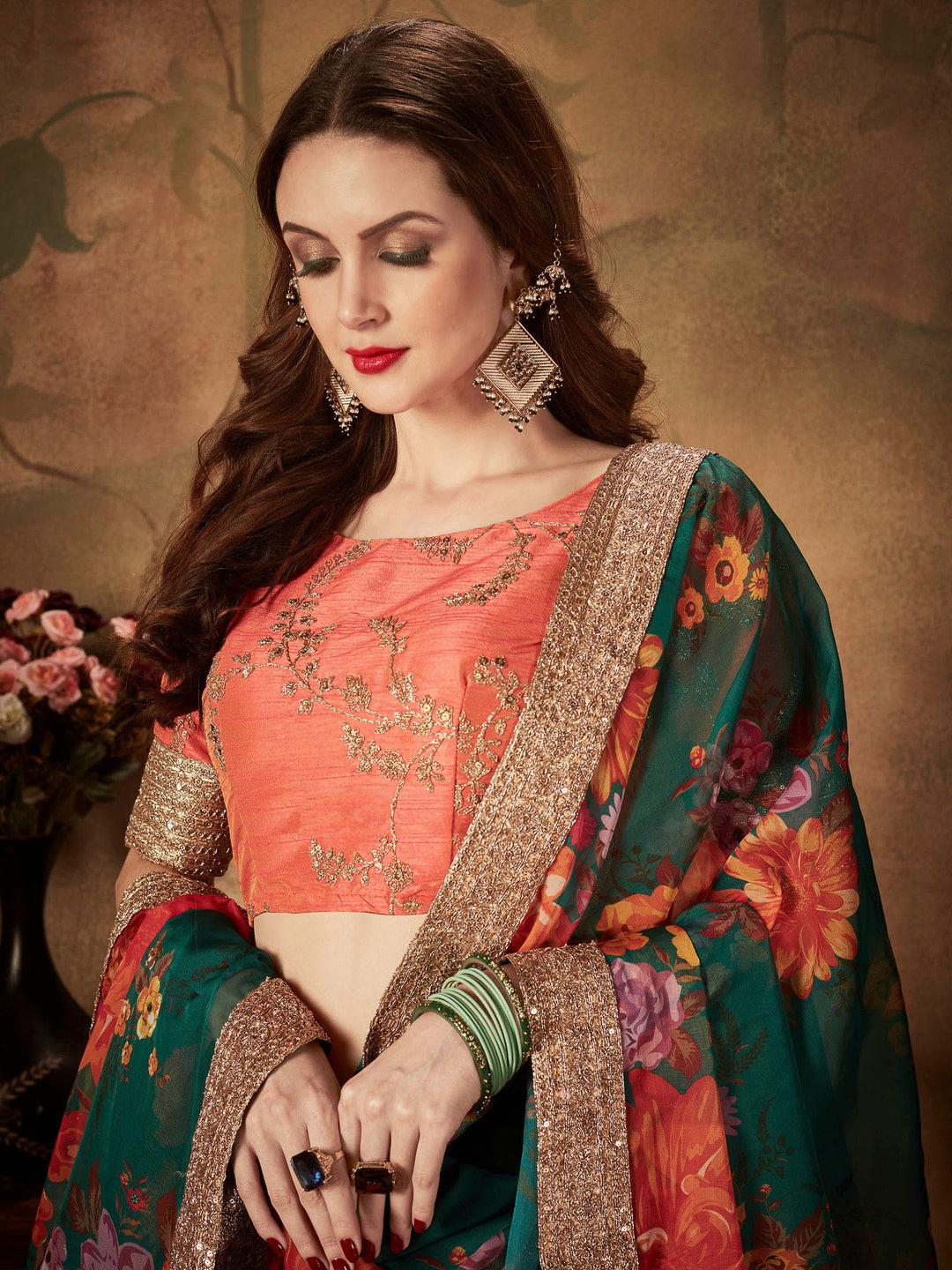 Peach-Green Art Silk Embroidered Semi Stitched Lehenga Choli with Dupatta