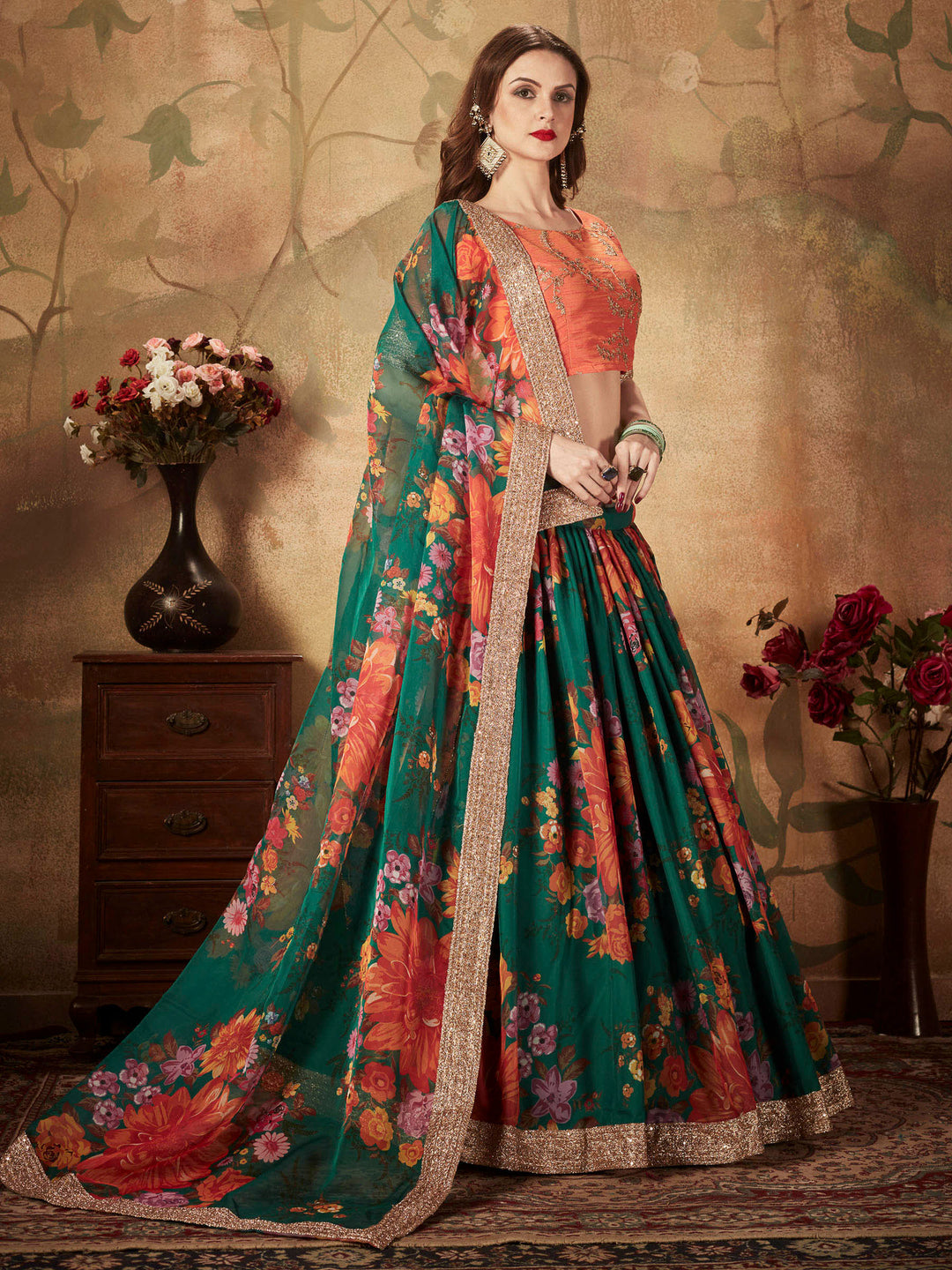 Peach-Green Art Silk Embroidered Semi Stitched Lehenga Choli with Dupatta