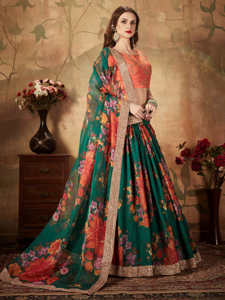 Peach-Green Art Silk Embroidered Semi Stitched Lehenga Choli with Dupatta