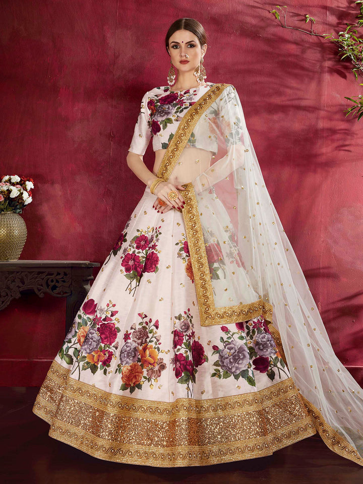 Off-White Art Silk Embroidered Semi Stitched Lehenga Choli with Dupatta