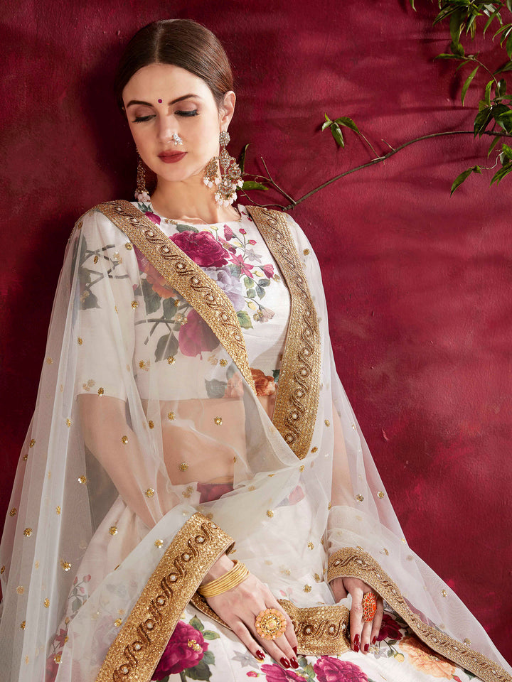Off-White Art Silk Embroidered Semi Stitched Lehenga Choli with Dupatta