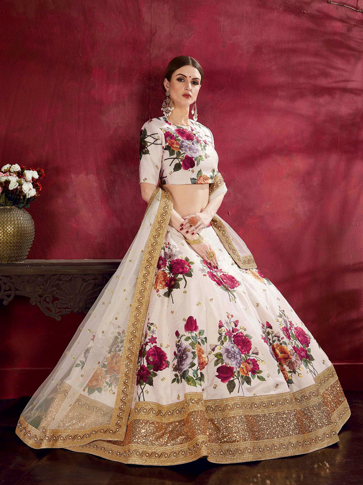 Off-White Art Silk Embroidered Semi Stitched Lehenga Choli with Dupatta