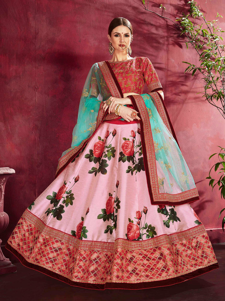 Rose-Blue Art Silk Embroidered Semi Stitched Lehenga Choli with Dupatta