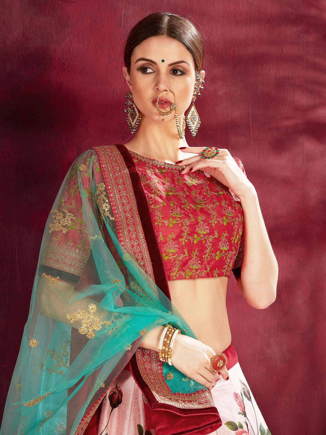 Rose-Blue Art Silk Embroidered Semi Stitched Lehenga Choli with Dupatta