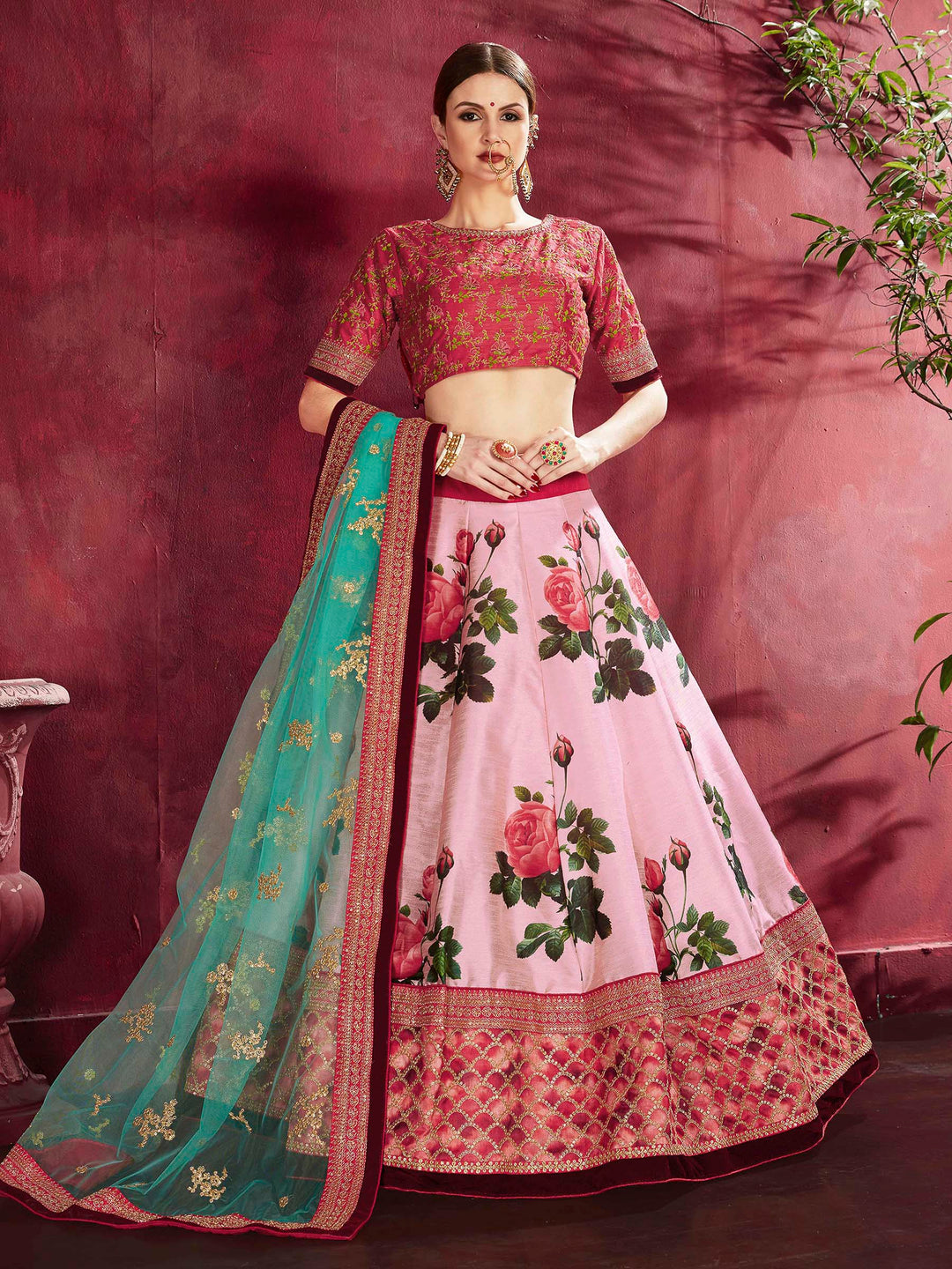 Rose-Blue Art Silk Embroidered Semi Stitched Lehenga Choli with Dupatta