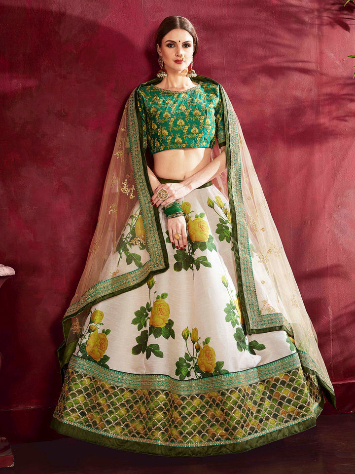 Green Art Silk Embroidered Semi Stitched Lehenga Choli with Dupatta