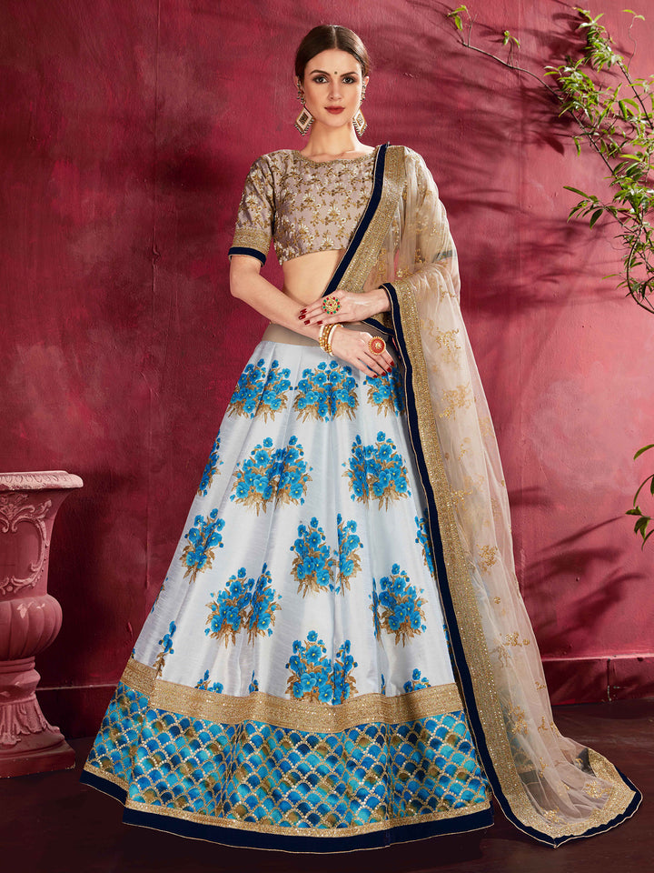 Beige-Blue Art Silk Embroidered Semi Stitched Lehenga Choli with Dupatta
