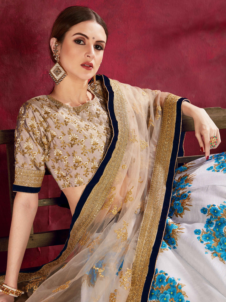 Beige-Blue Art Silk Embroidered Semi Stitched Lehenga Choli with Dupatta