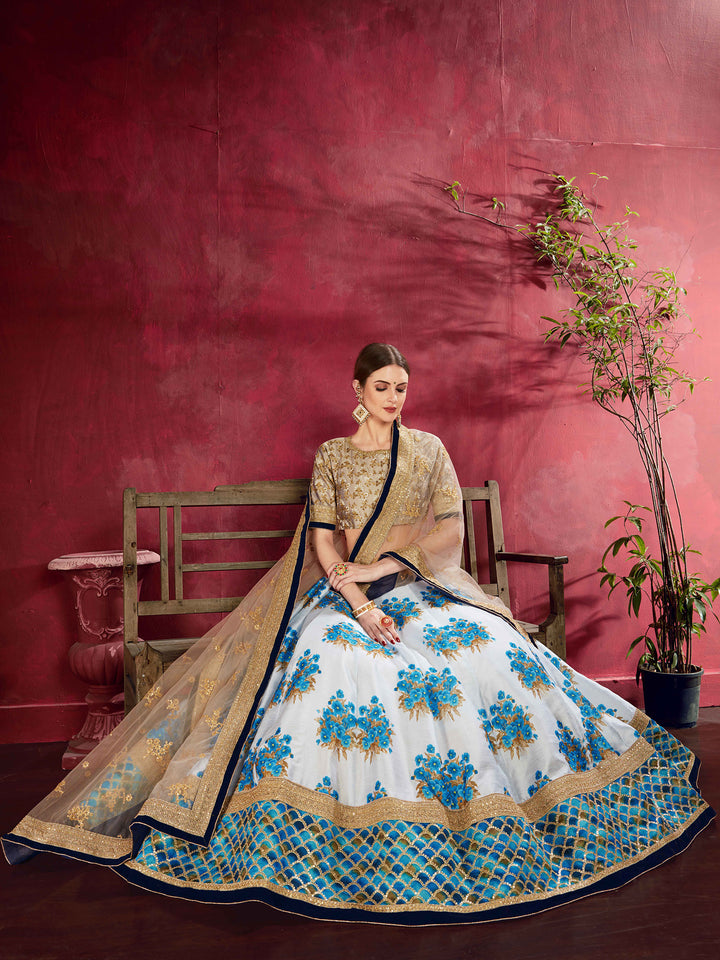 Beige-Blue Art Silk Embroidered Semi Stitched Lehenga Choli with Dupatta