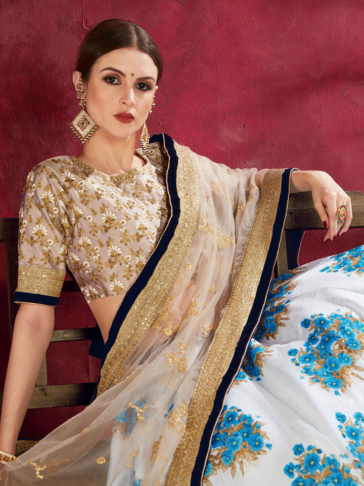 Beige-Blue Art Silk Embroidered Semi Stitched Lehenga Choli with Dupatta
