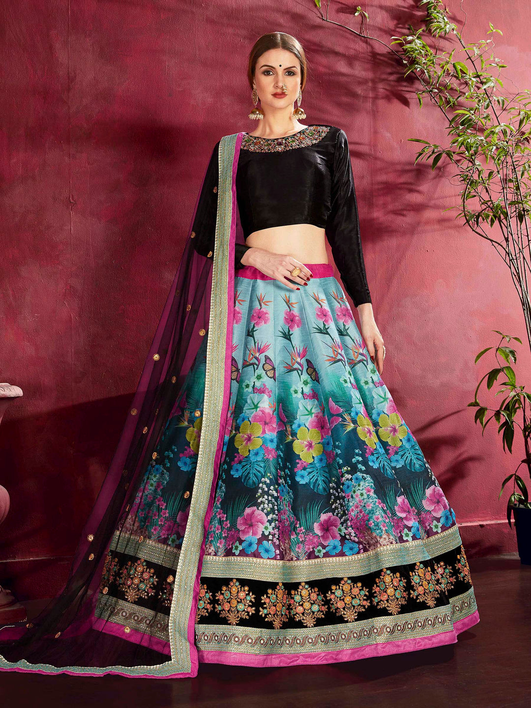 Black-Multi Art Silk Embroidered Semi Stitched Lehenga Choli with Dupatta