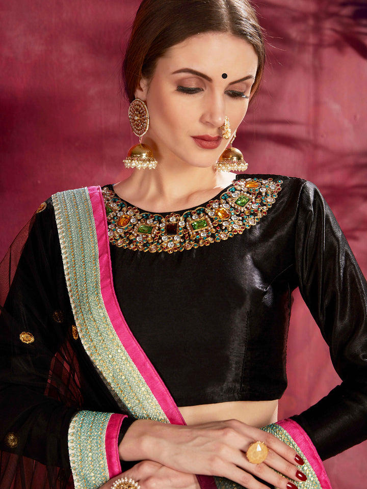 Black-Multi Art Silk Embroidered Semi Stitched Lehenga Choli with Dupatta