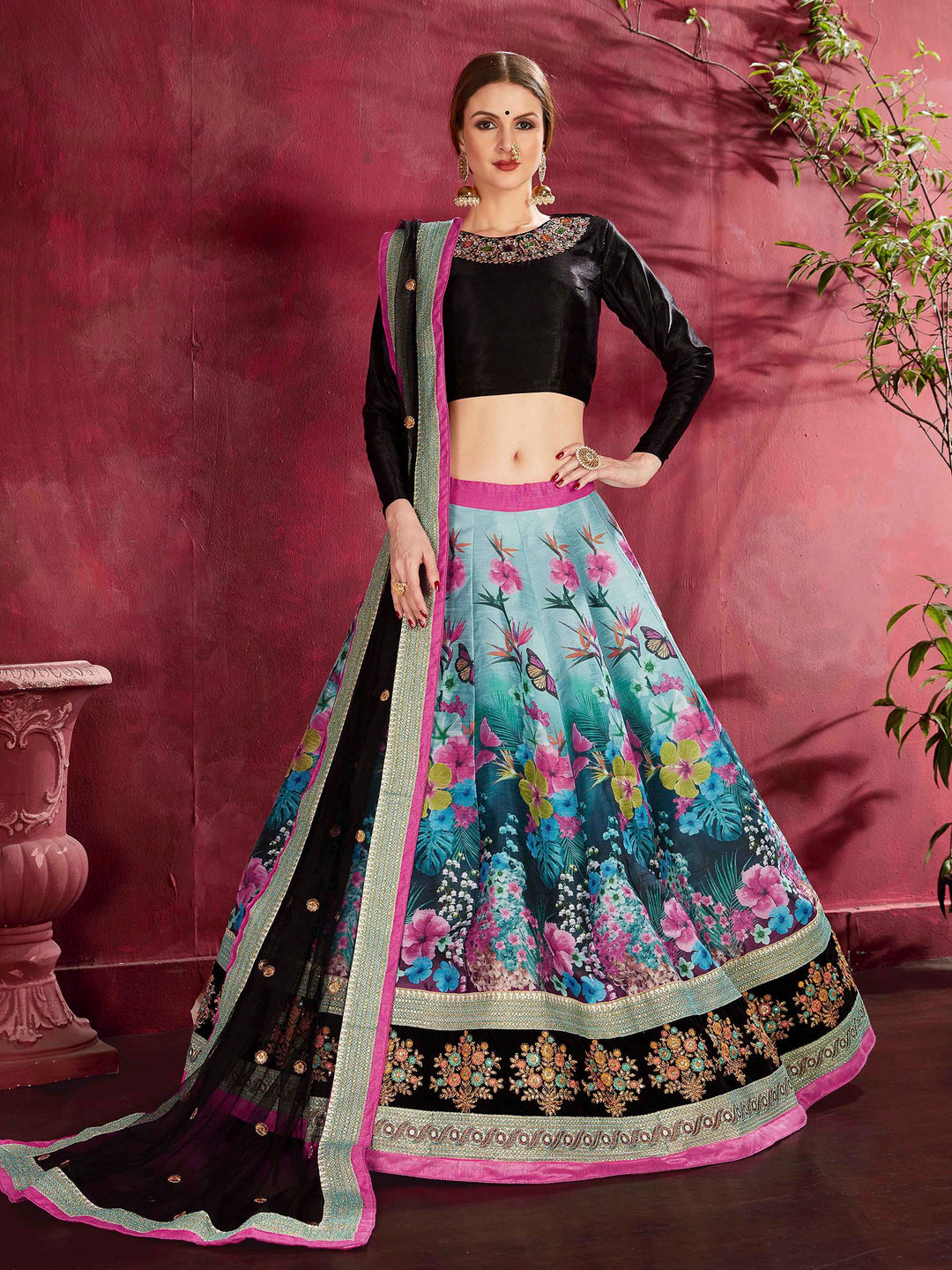 Black-Multi Art Silk Embroidered Semi Stitched Lehenga Choli with Dupatta
