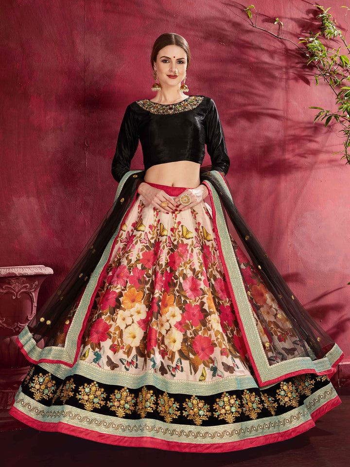 Black-Multi Velvet Embroidered Semi Stitched Lehenga Choli with Dupatta