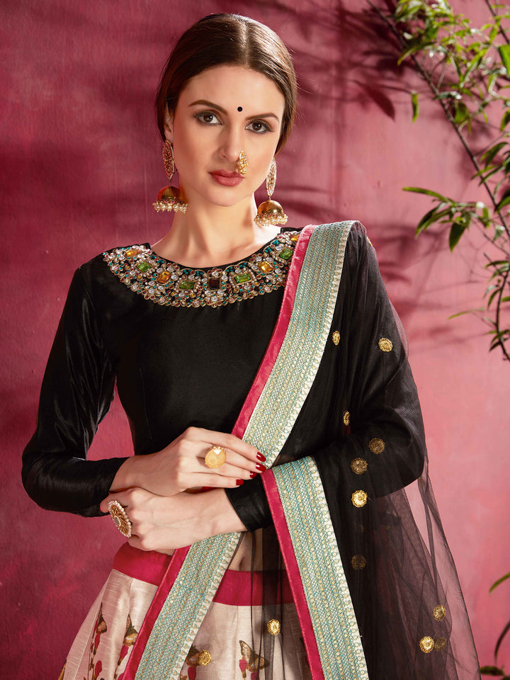 Black-Multi Velvet Embroidered Semi Stitched Lehenga Choli with Dupatta