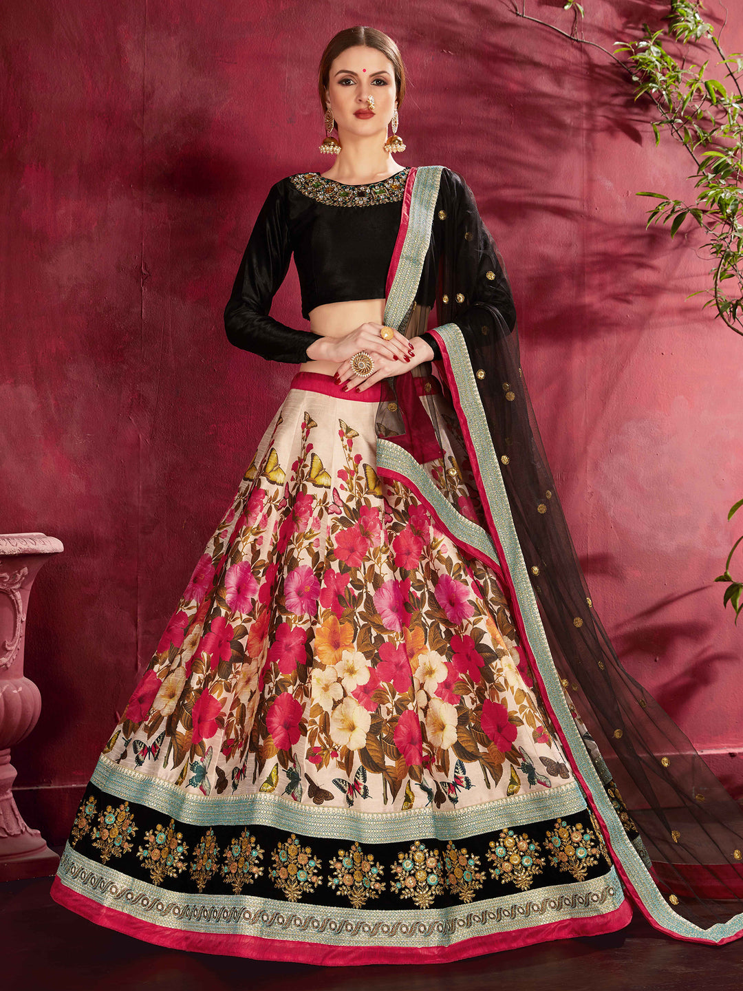 Black-Multi Velvet Embroidered Semi Stitched Lehenga Choli with Dupatta