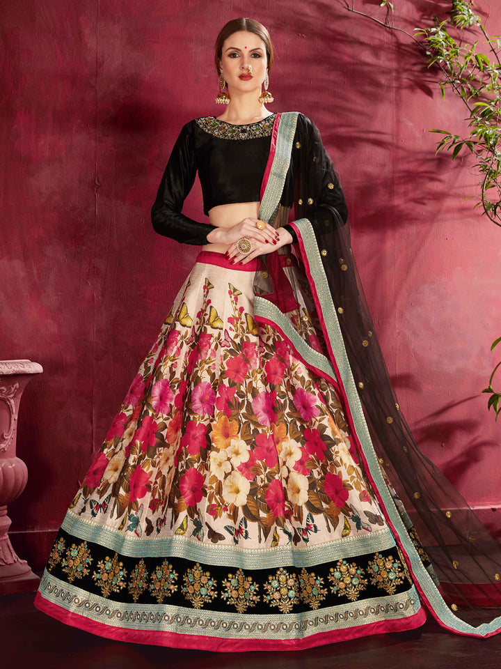 Black-Multi Velvet Embroidered Semi Stitched Lehenga Choli with Dupatta