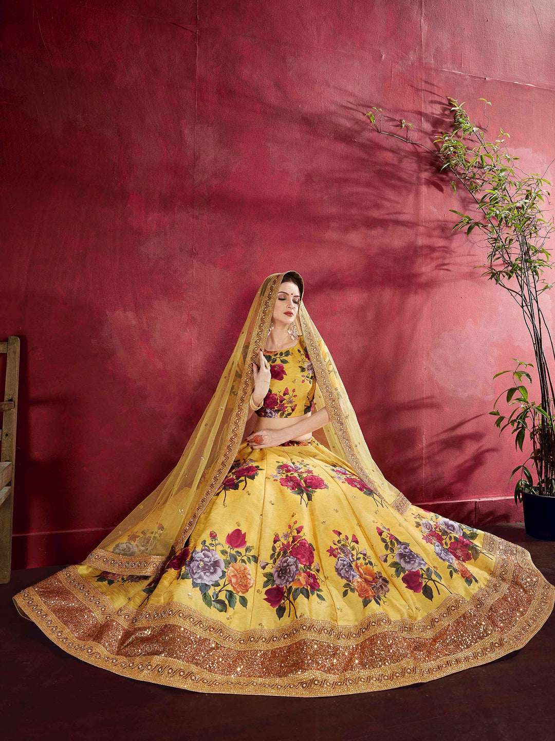 Yellow Art Silk Embroidered Semi Stitched Lehenga Choli with Dupatta