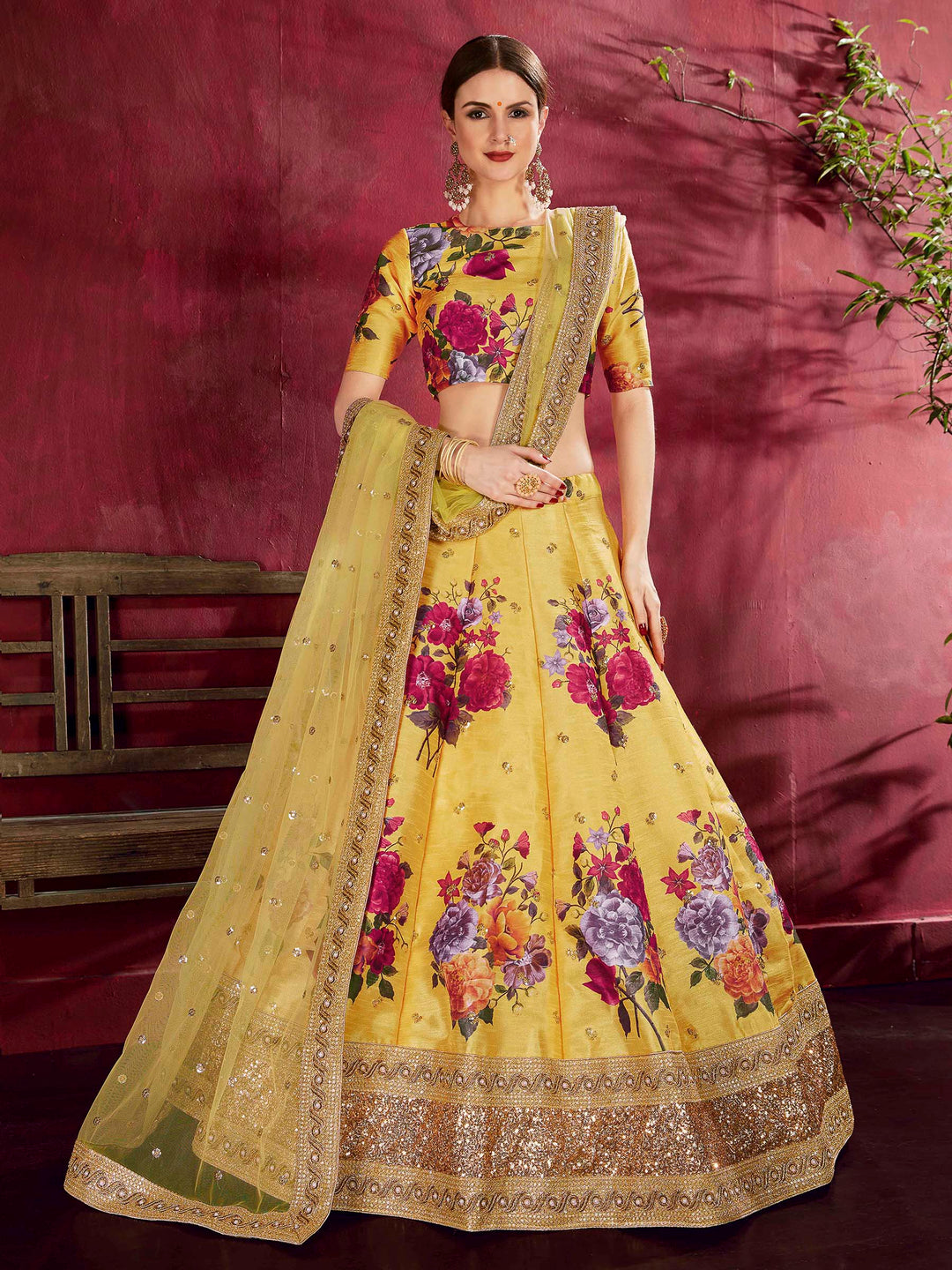 Yellow Art Silk Embroidered Semi Stitched Lehenga Choli with Dupatta