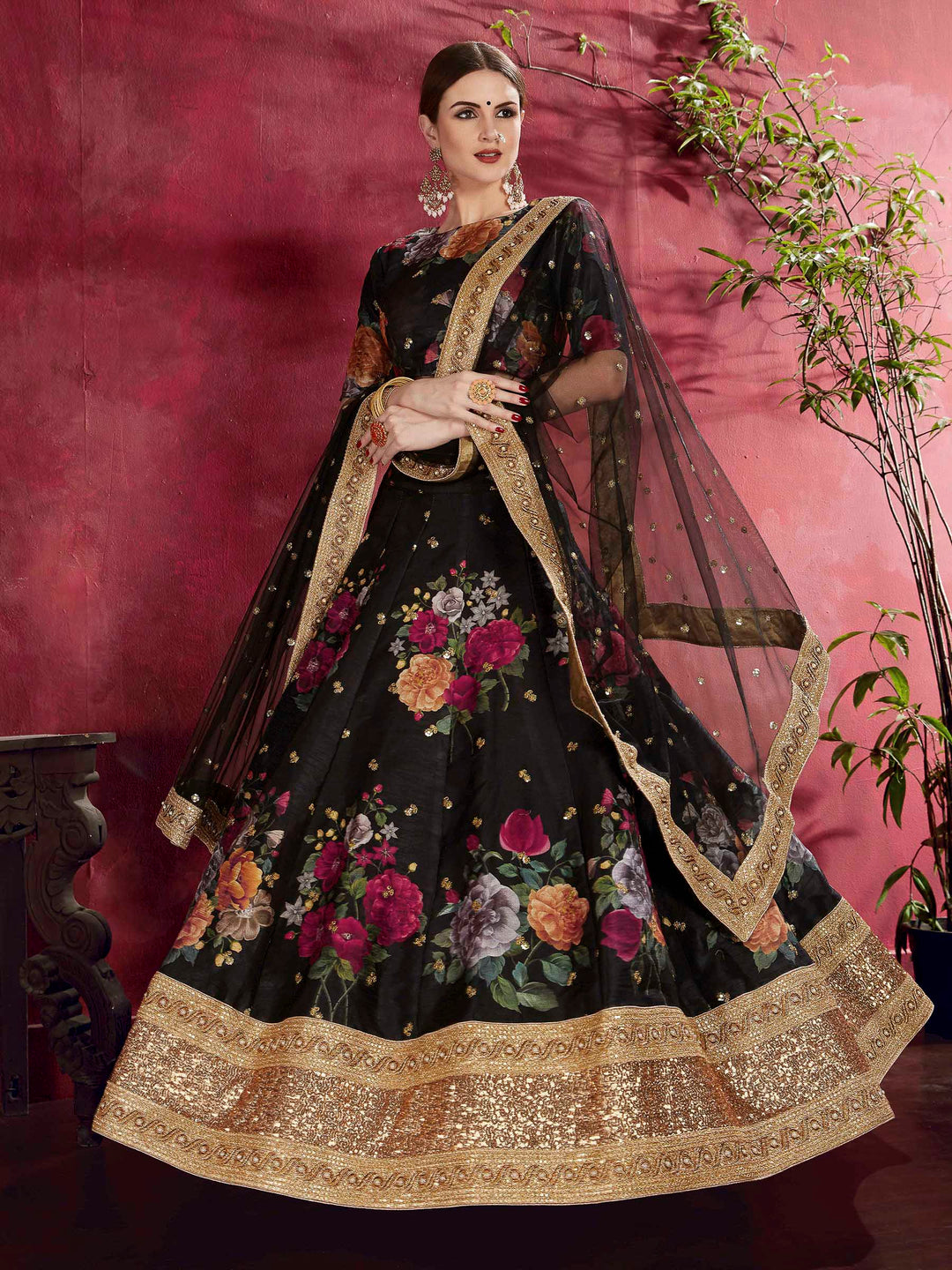 Black Art Silk Embroidered Semi Stitched Lehenga Choli with Dupatta