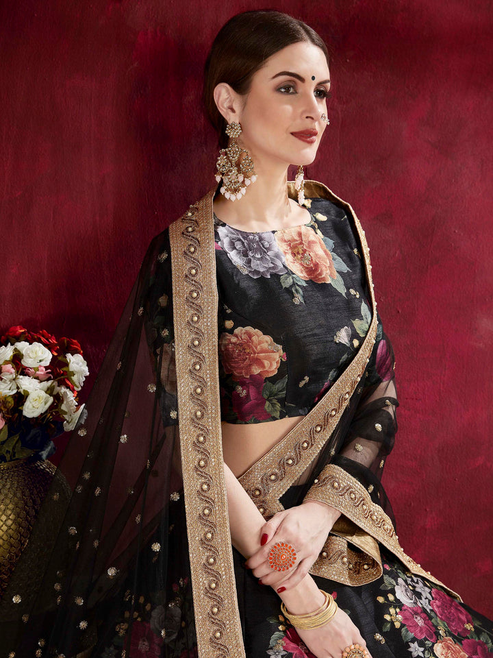 Black Art Silk Embroidered Semi Stitched Lehenga Choli with Dupatta