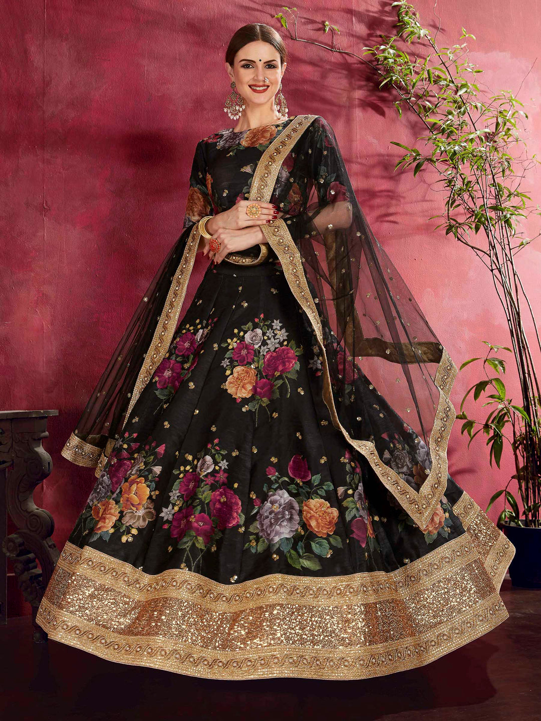 Black Art Silk Embroidered Semi Stitched Lehenga Choli with Dupatta