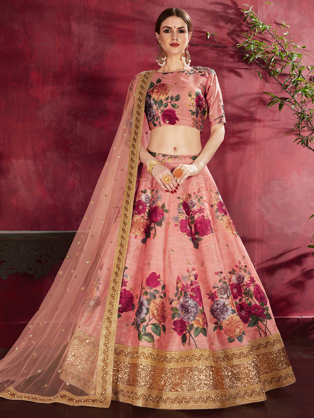 Peach Art Silk Embroidered Semi Stitched Lehenga Choli with Dupatta