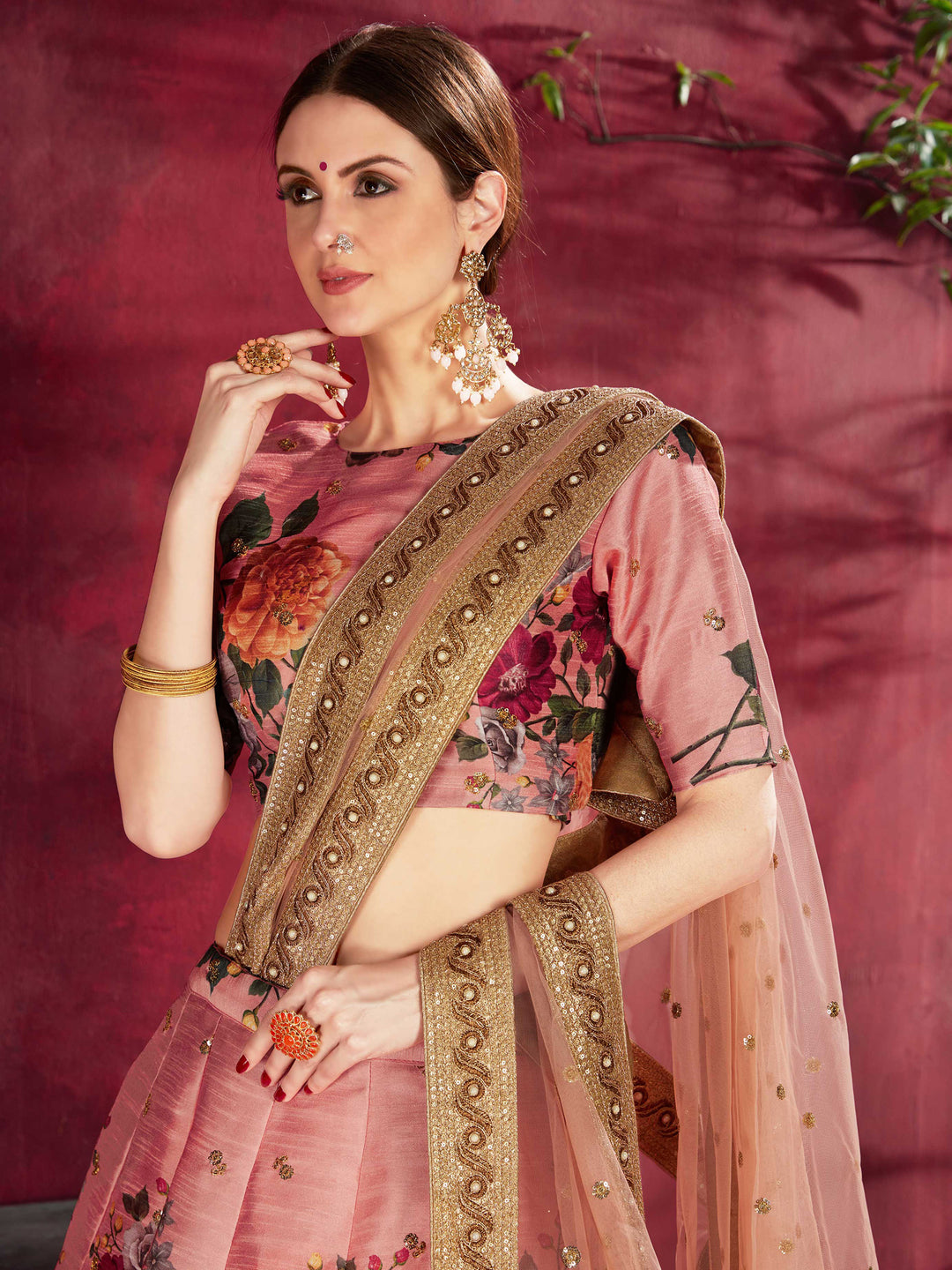Peach Art Silk Embroidered Semi Stitched Lehenga Choli with Dupatta