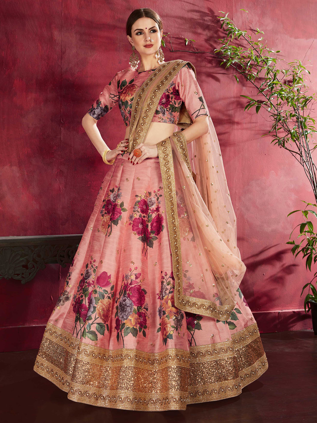 Peach Art Silk Embroidered Semi Stitched Lehenga Choli with Dupatta