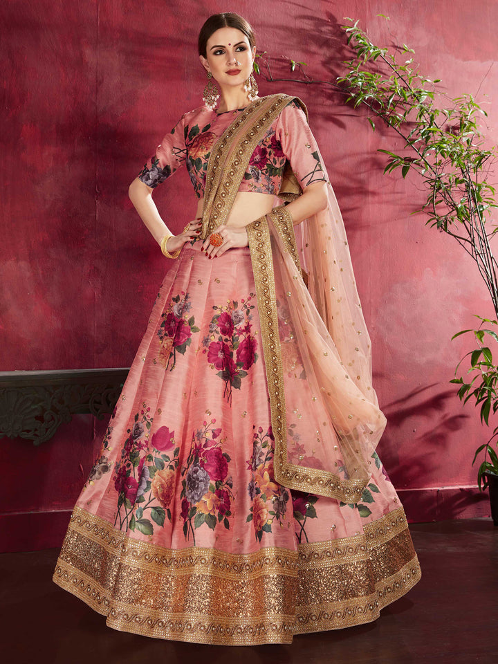 Peach Art Silk Embroidered Semi Stitched Lehenga Choli with Dupatta
