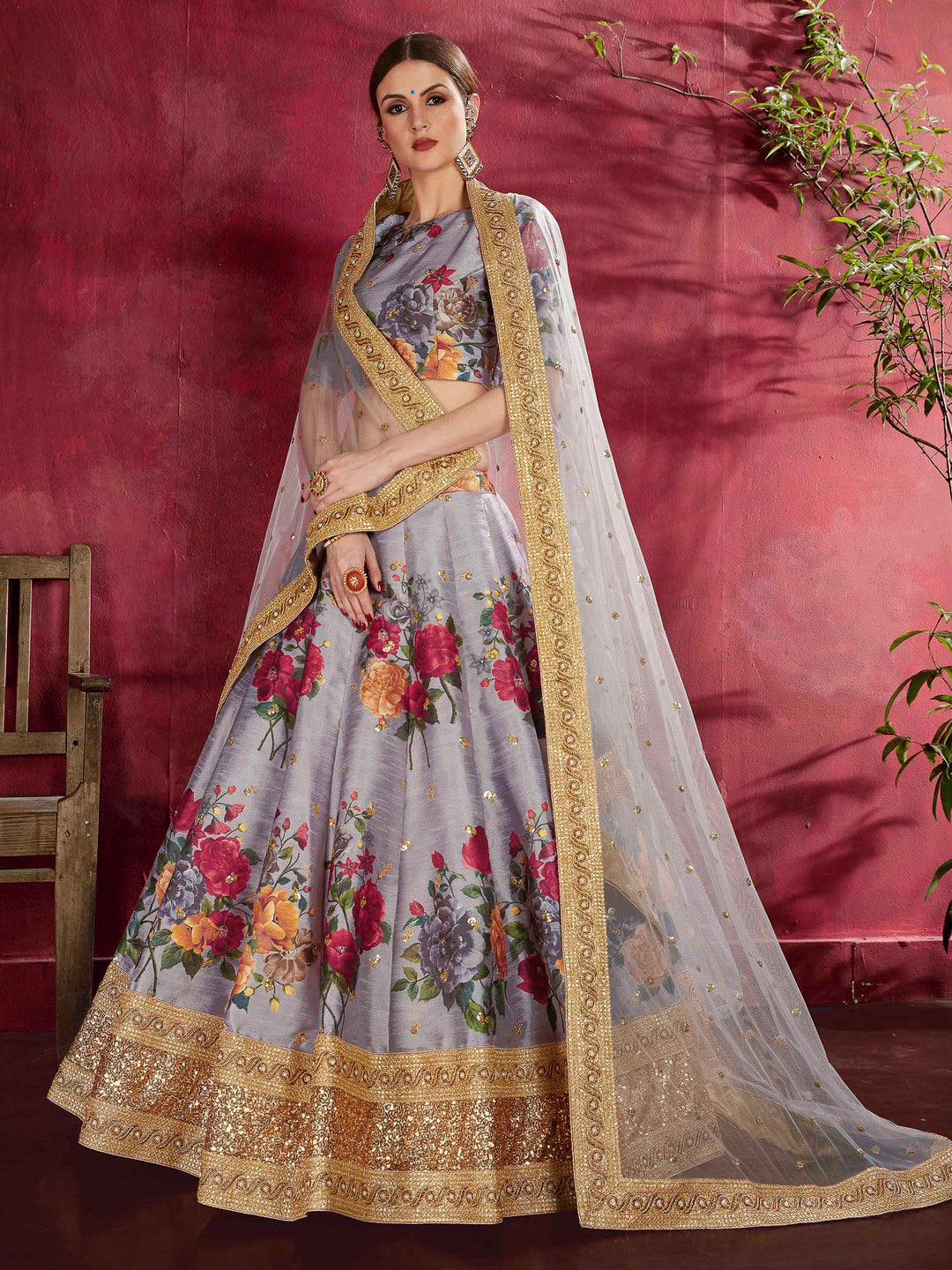 Grey Art Silk Embroidered Semi Stitched Lehenga Choli with Dupatta