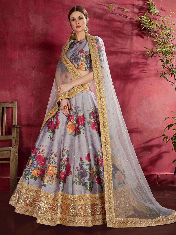 Grey Art Silk Embroidered Semi Stitched Lehenga Choli with Dupatta