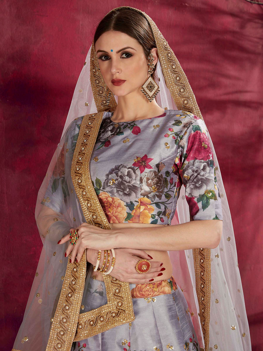 Grey Art Silk Embroidered Semi Stitched Lehenga Choli with Dupatta