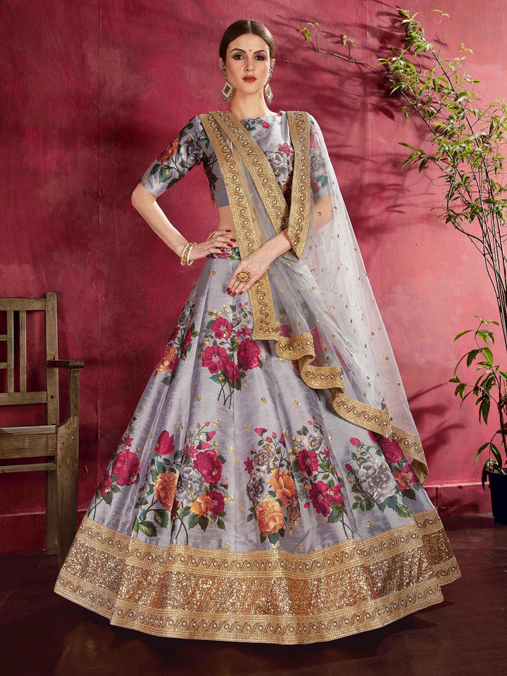Grey Art Silk Embroidered Semi Stitched Lehenga Choli with Dupatta