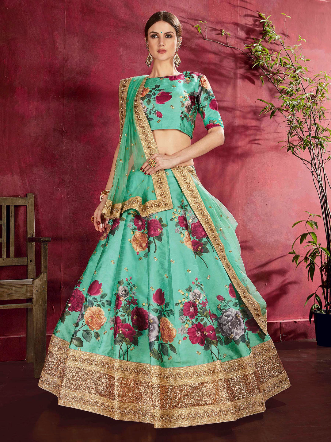 Green Art Silk Embroidered Semi Stitched Lehenga Choli with Dupatta