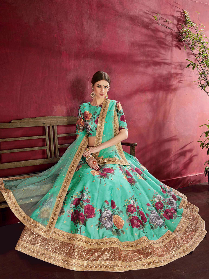 Green Art Silk Embroidered Semi Stitched Lehenga Choli with Dupatta