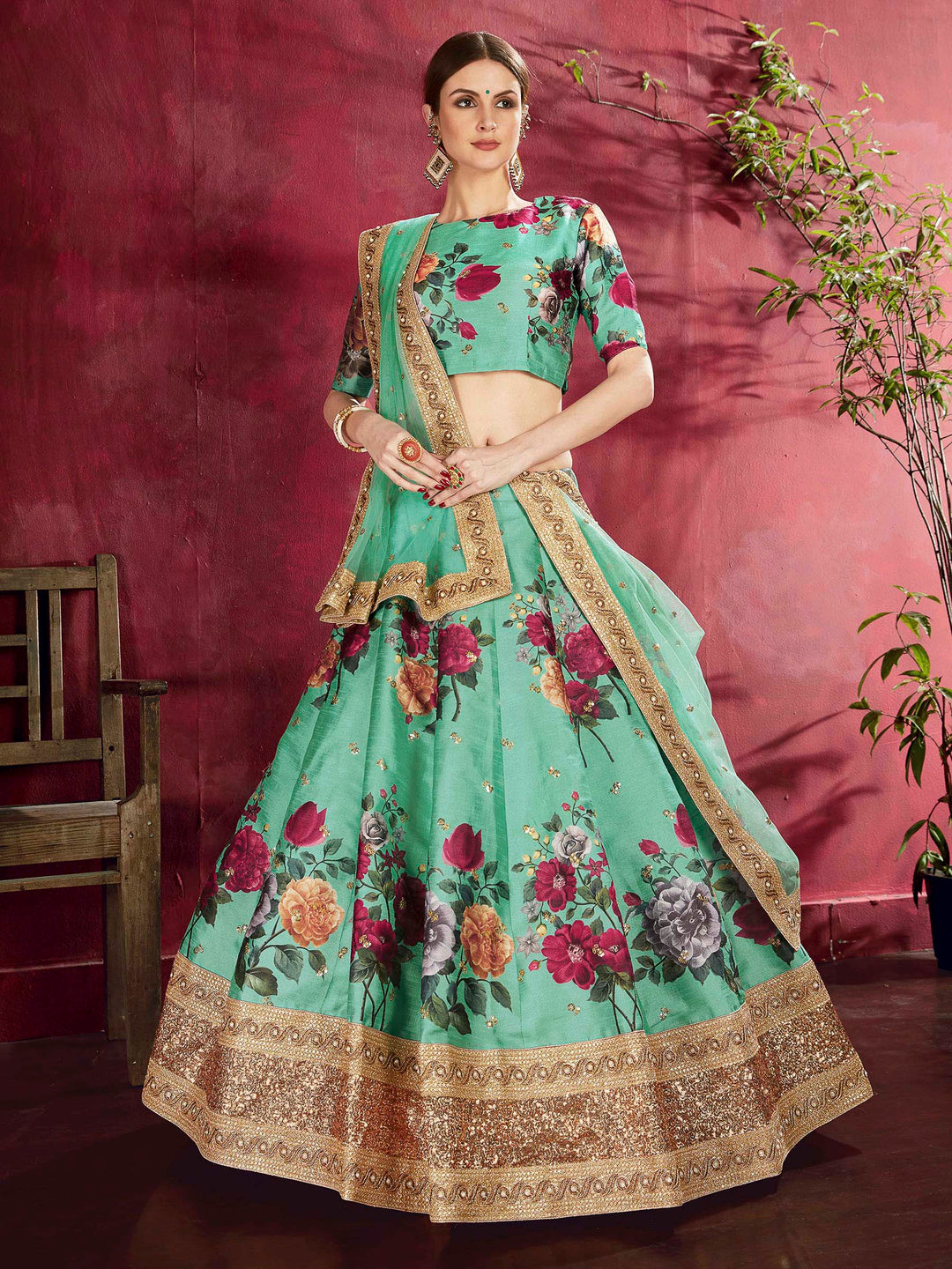 Green Art Silk Embroidered Semi Stitched Lehenga Choli with Dupatta