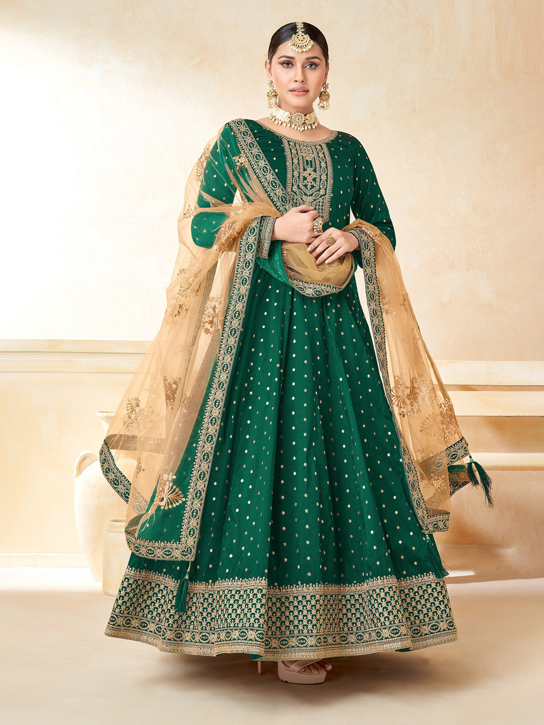 Green Embroidered Art Silk Semi Stitched Kurta With Churidar Pajami &amp; Dupatta