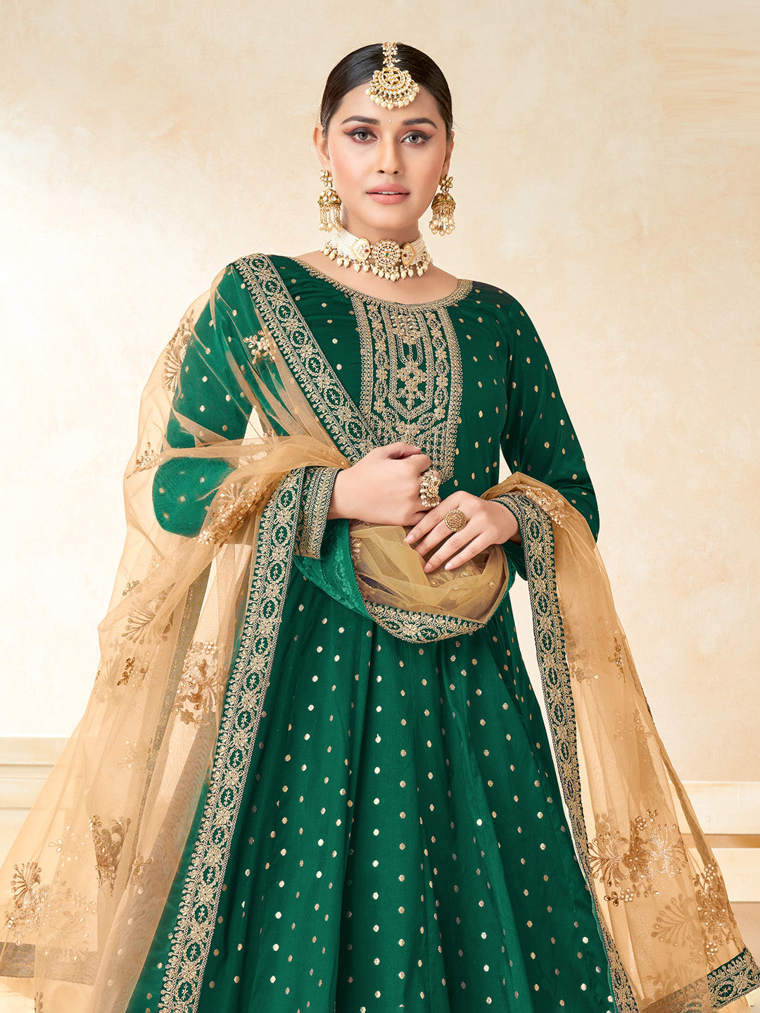 Green Embroidered Art Silk Semi Stitched Kurta With Churidar Pajami &amp; Dupatta