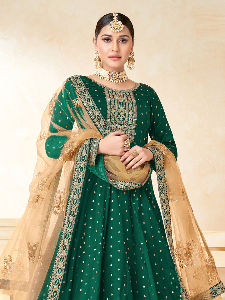 Green Embroidered Art Silk Semi Stitched Kurta With Churidar Pajami &amp; Dupatta