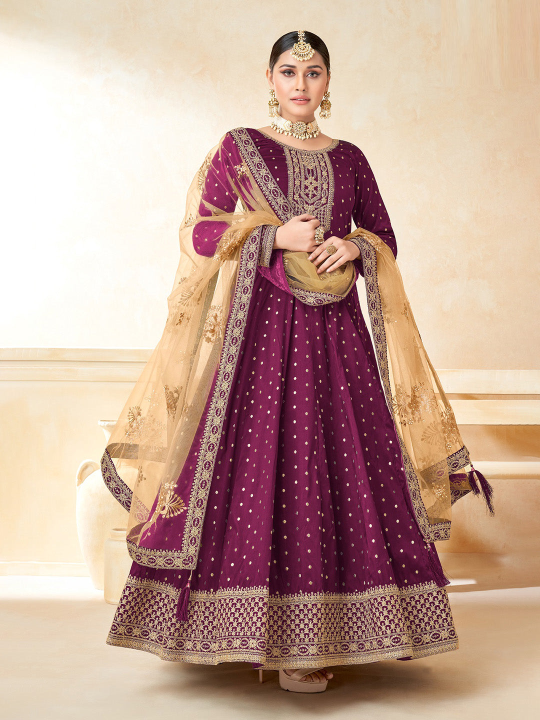 Wine Embroidered Art Silk Semi Stitched Kurta With Churidar Pajami &amp; Dupatta
