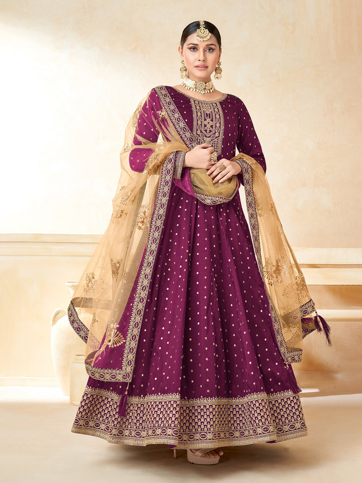 Wine Embroidered Art Silk Semi Stitched Kurta With Churidar Pajami &amp; Dupatta