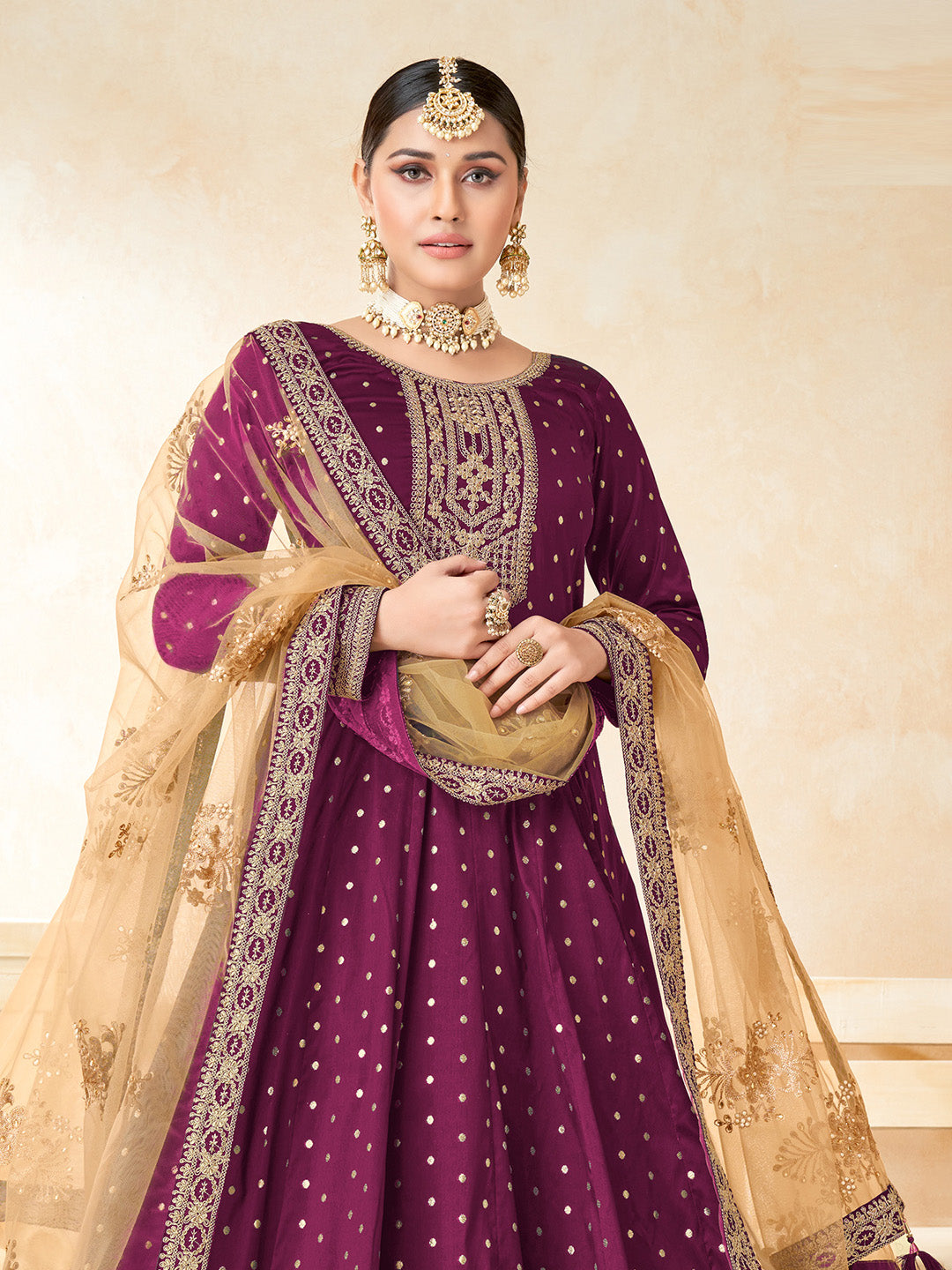 Wine Embroidered Art Silk Semi Stitched Kurta With Churidar Pajami &amp; Dupatta