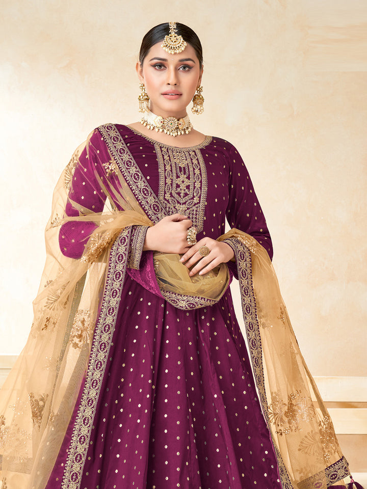 Wine Embroidered Art Silk Semi Stitched Kurta With Churidar Pajami &amp; Dupatta