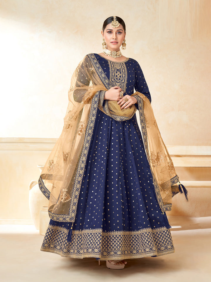 Blue Embroidered Art Silk Semi Stitched Kurta With Churidar Pajami &amp; Dupatta