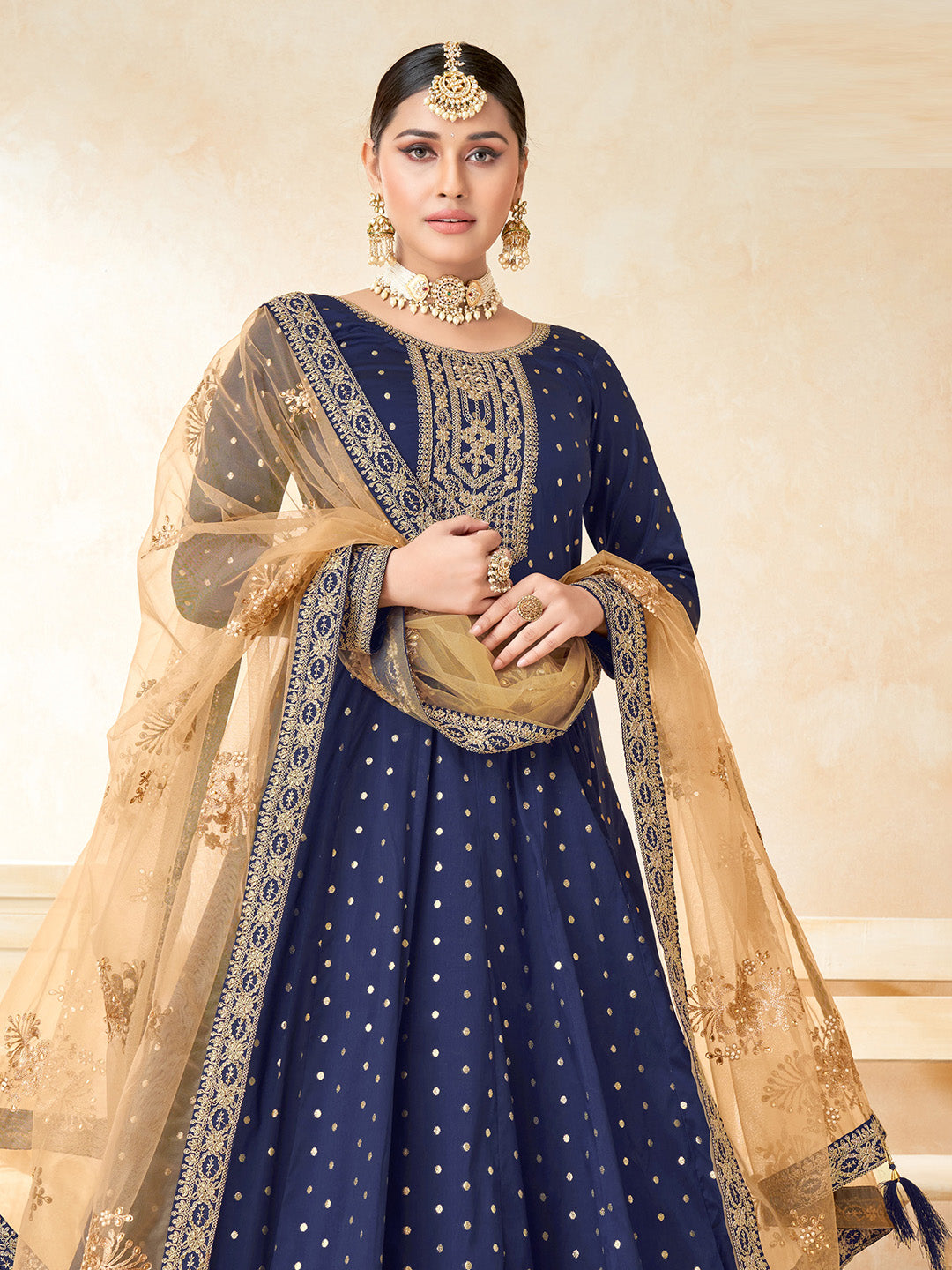 Blue Embroidered Art Silk Semi Stitched Kurta With Churidar Pajami &amp; Dupatta