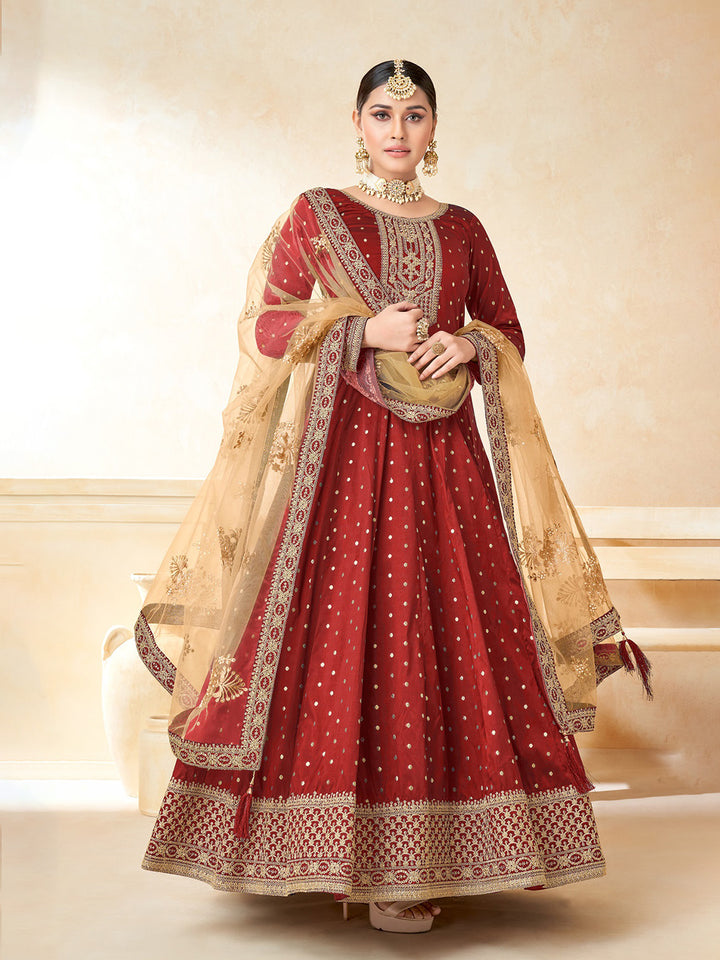 Red Embroidered Art Silk Semi Stitched Kurta With Churidar Pajami &amp; Dupatta